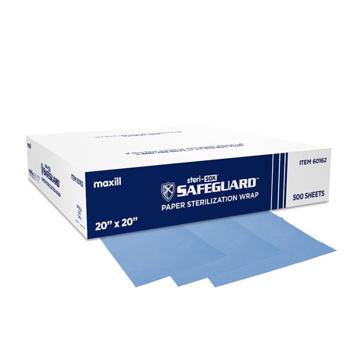 Box of steri-sox Safeguard paper sterilization wrap and 3 paper sterilization wraps.