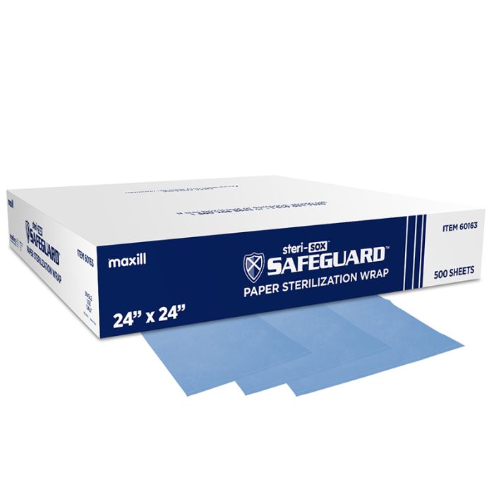 Box of steri-sox Safeguard paper sterilization wrap and 3 paper sterilization wraps.