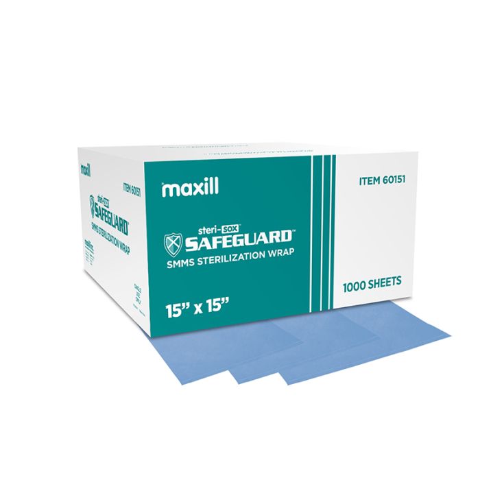 Box of steri-sox safeguard SMMS sterilization wraps, and 3 sterilization sheets.