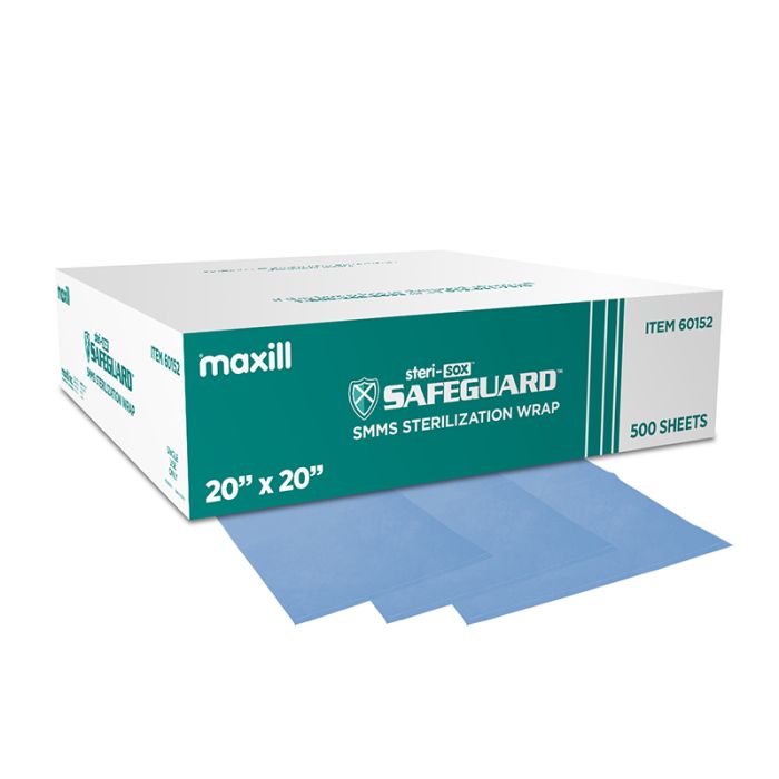 Box of steri-sox safeguard SMMS sterilization wraps, and 3 sterilization sheets.