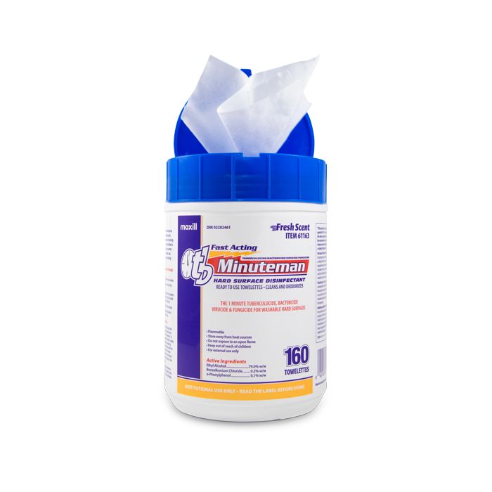 Container of tb minuteman fresh scented hard surface disinfect wipes.