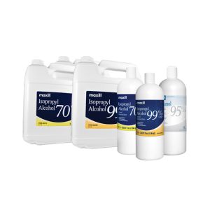 Two 5L jugs of maxill Isopropyl Alcohol (70%, and 99%) and three 1L bottles of maxill Isopropyl Alcohol (70%, and 99%), and maxill's Ethanol 95%.