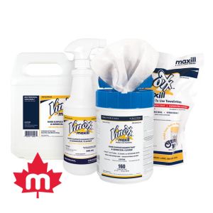 A 4L jug of Vinoxx broad spectrum surface disinfectant, a spray bottle of  Vinoxx broad spectrum surface disinfectant, a container of  Vinoxx broad spectrum surface disinfectant wipes, and a bag of Vinoxx broad spectrum surface disinfectant refill wipes.