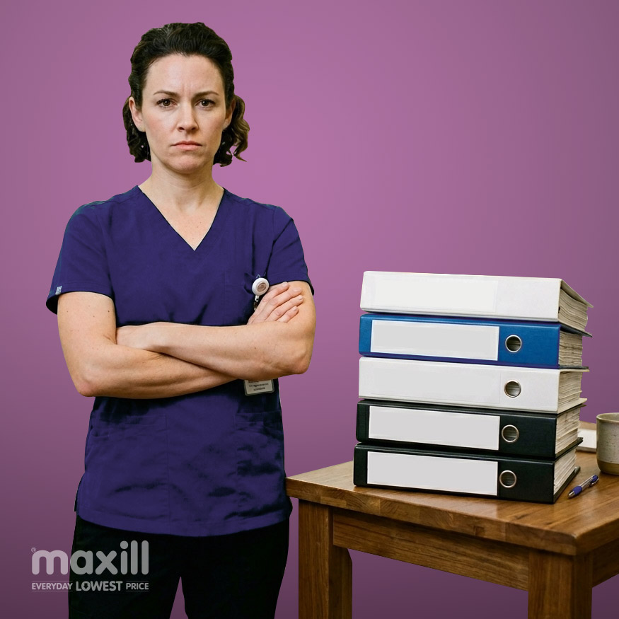 Dental professional with arms crossed beside a table with a stack of binders