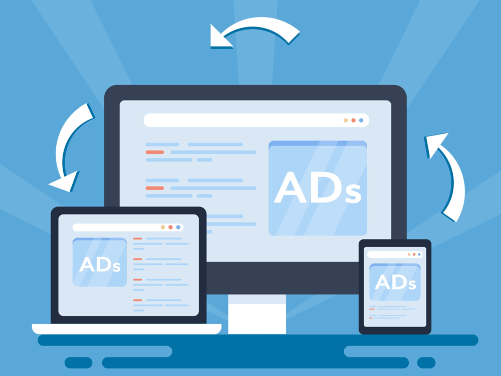 Graphic Depicting Digital Ads on a tablet, desktop and laptop
