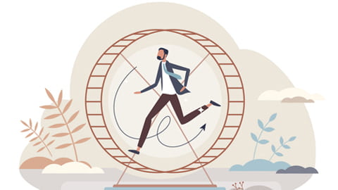 Illustration of a man running on a hamster wheel