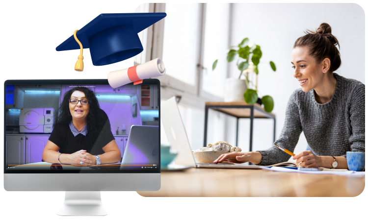 Image collage with a computer screen showing a presenter, a smiling woman working on a laptop, and a grad cap and diploma